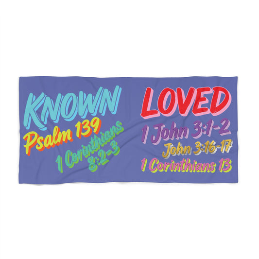 Known & Loved Christian Beach Towel — Scripture Psalm 139, 1 John 3:1-2, 1 Corinthians 8:2-3
