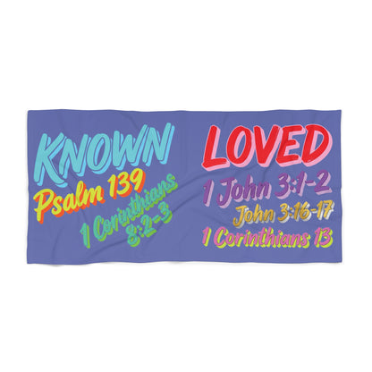 Known & Loved Christian Beach Towel — Scripture Psalm 139, 1 John 3:1-2, 1 Corinthians 8:2-3