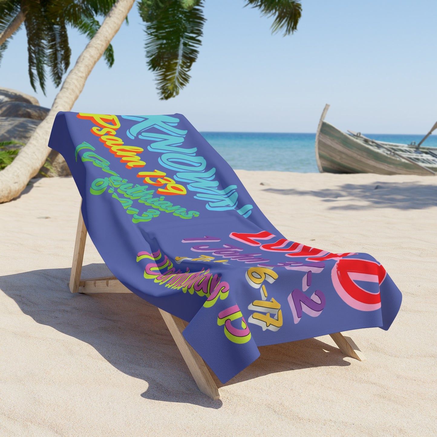 Known & Loved Christian Beach Towel — Scripture Psalm 139, 1 John 3:1-2, 1 Corinthians 8:2-3